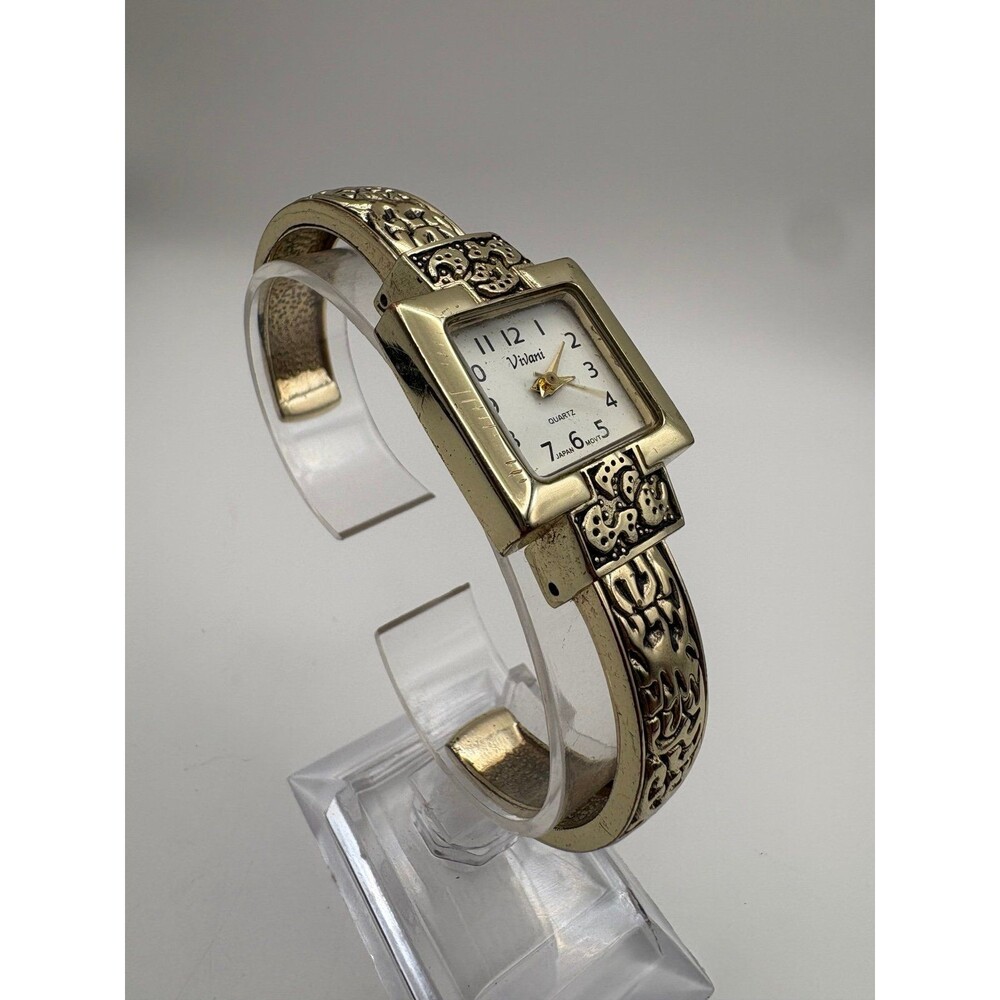 Vintage Vivani Gold-Tone Square Dial Bangle Cuff Watch Japan Movt Ornate Band